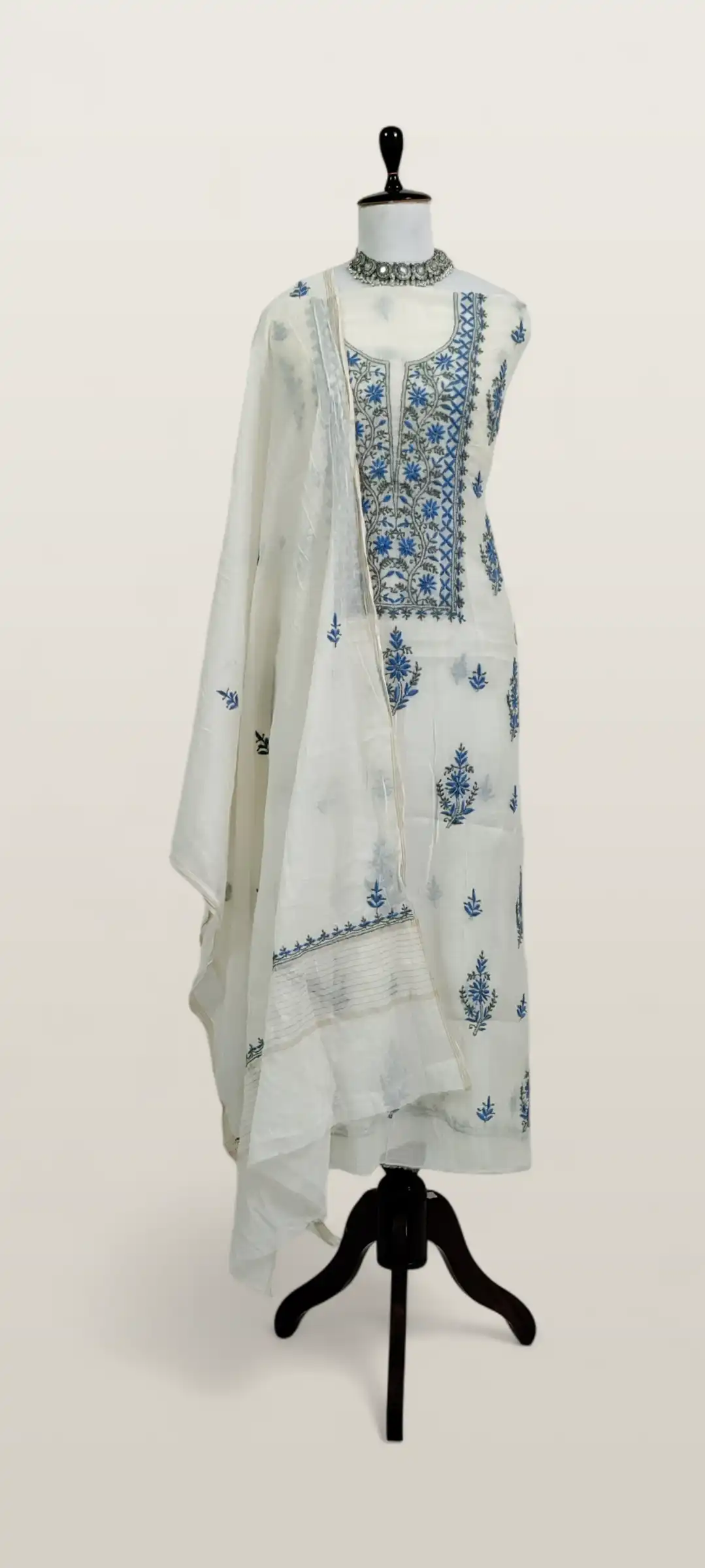 Chikankari Mul Chanderi Dress Material Ivory Royal Blue