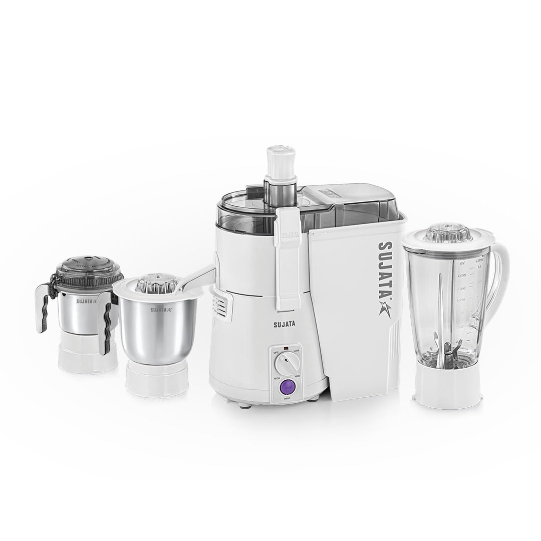 Sujata Powermatic Maxima Juicer Mixer Grinder, 900 Watts Double Ball Bearing Motor, 22000 RPM|Non-Stop 90 Mins Running, 3 Jars including 1750ml Blender, 1000ml Grinder, 500ml Chutney Jar - White