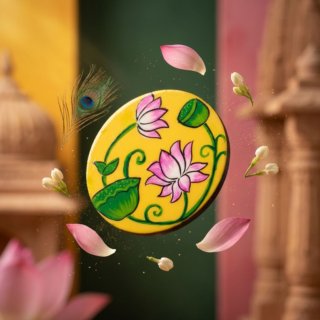 Hand Painted Wooden Pichwai Art Round Shape Yellow Color Set of 4 Coasters With Resin Layer view 2