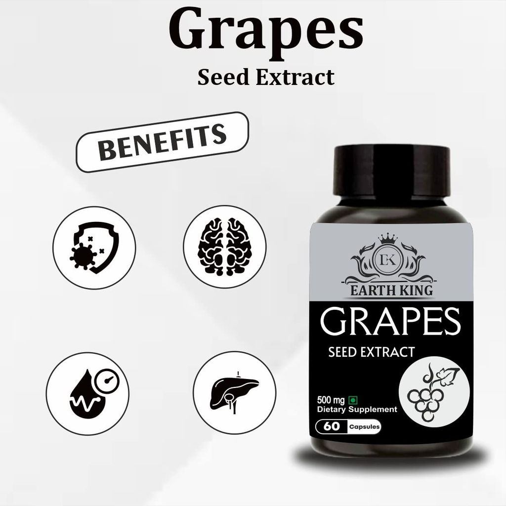 EARTH KING Grapes Seed Extract Capsule Supports Strengthens Immunity & Antioxidant Supplement � 500mg 60 Capsules (Pack of 2) view 2