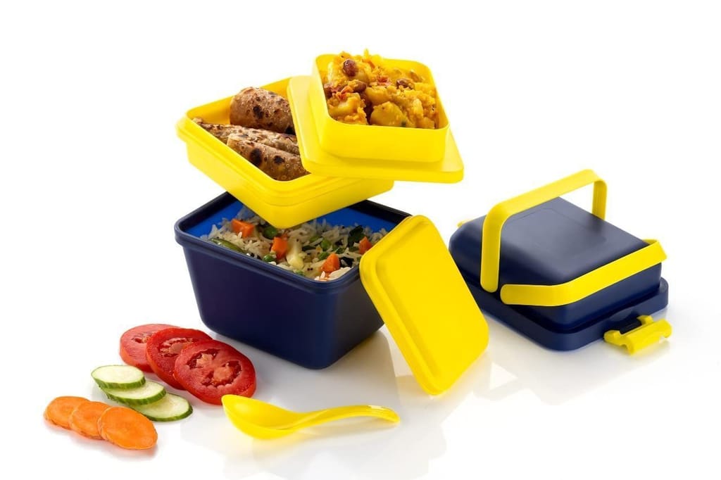 HAPPI Dieting Airtight Lunch Box Leak Proof with Push Lock Handle 3 Comparment with 1 Spoon Set Food Warmer Lunch Box Multipurpose Use (Multicolor) view 2