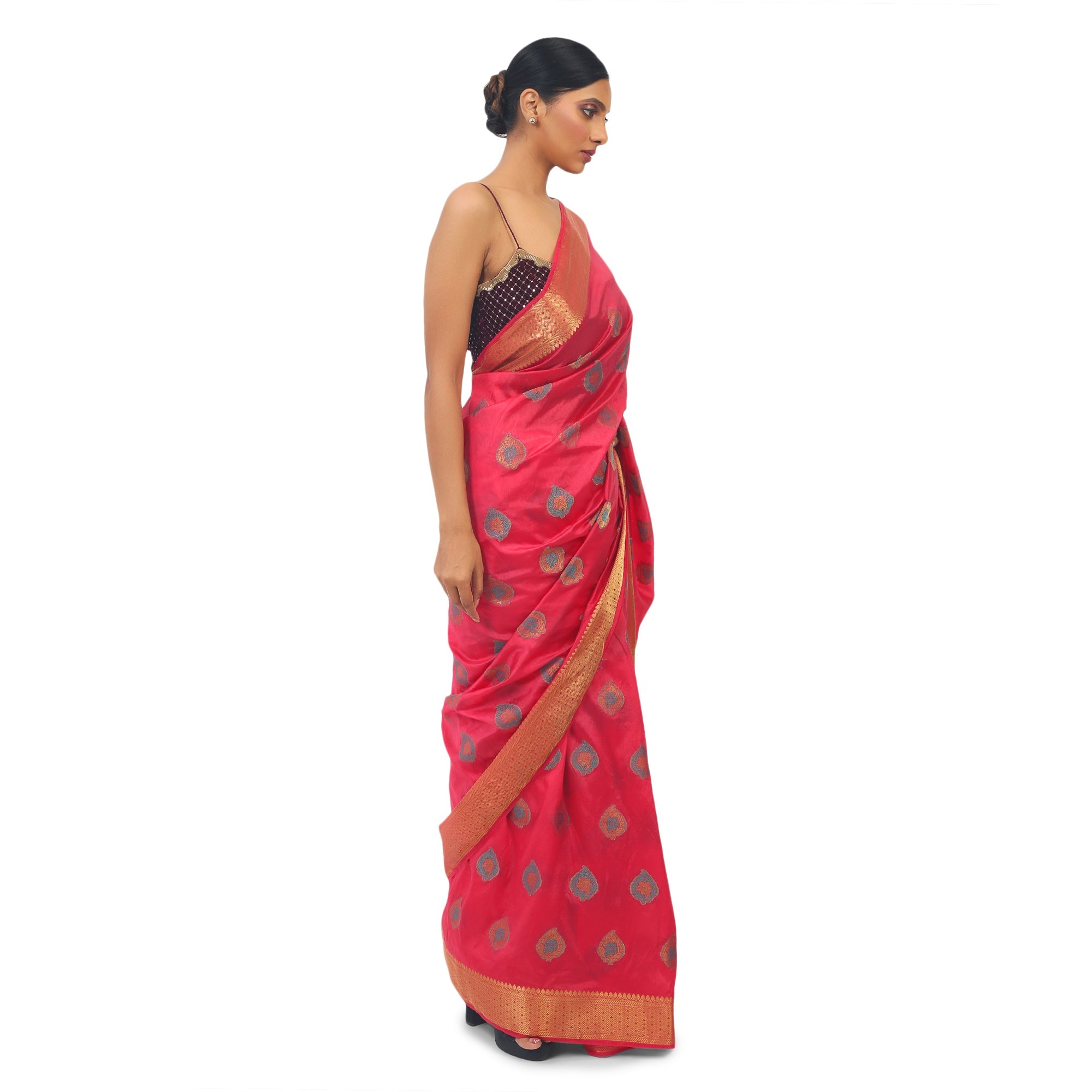 TheHangr Silk Pink Saree With Golden Work view 2