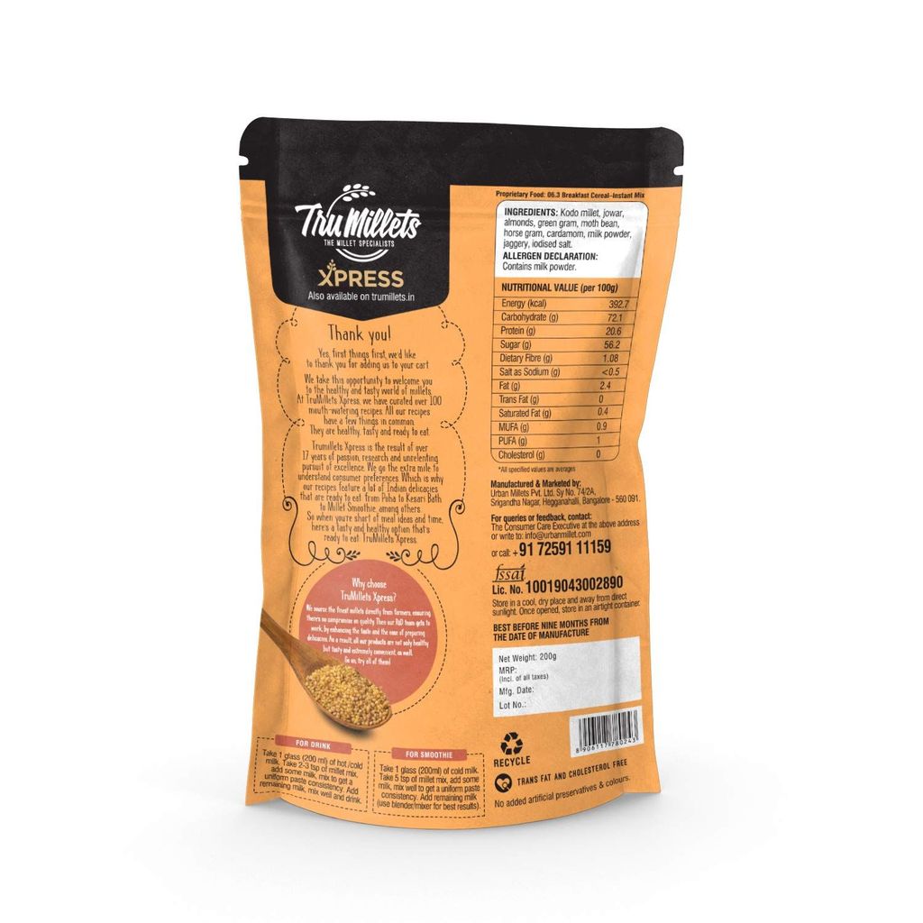 Trumillets Xpress - Healthy Millet Drink - Instant Mix | Nutrition for Adults (Both Men and Women) and Kids- Health,Strength and Energy| No Preservatives| Gluten Free| Badam Milk -200g view 2