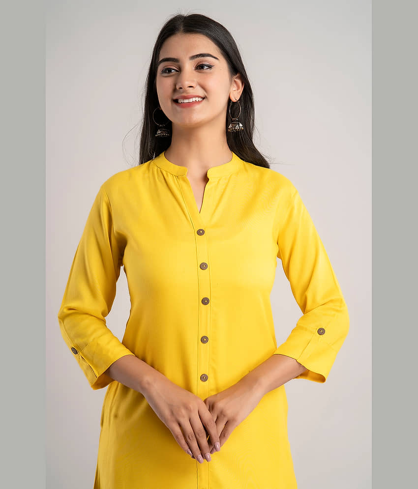 MAUKA - Yellow Rayon Women's Front Slit Kurti ( Pack of 1 ) view 2