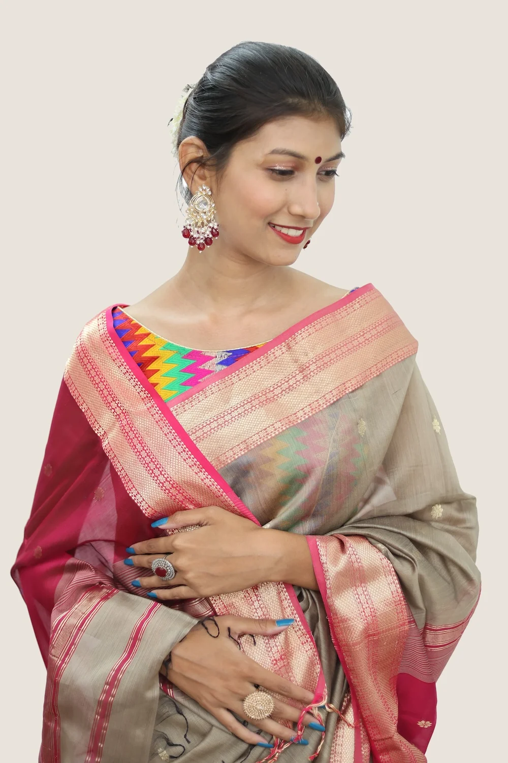 Tussar Pink Broad Border handloom Saree with Tassels view 2