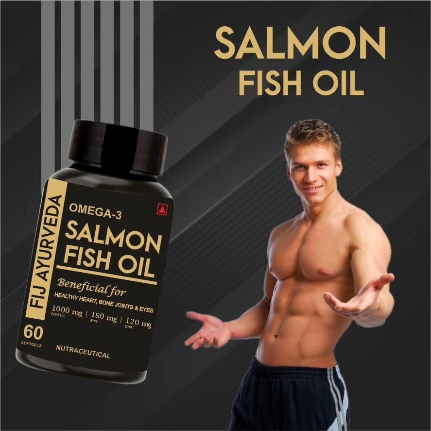 FIJ AYURVEDA Omega 3 Salmon Fish Oil Capsule for Men & Women |1000mg Omega 3 with 180 mg EPA & 120 mg DHA | | Omega 3 Fish Oil Supports Healthy Heart, Brain & Bones - 60 Softgels Pack of 1 view 2