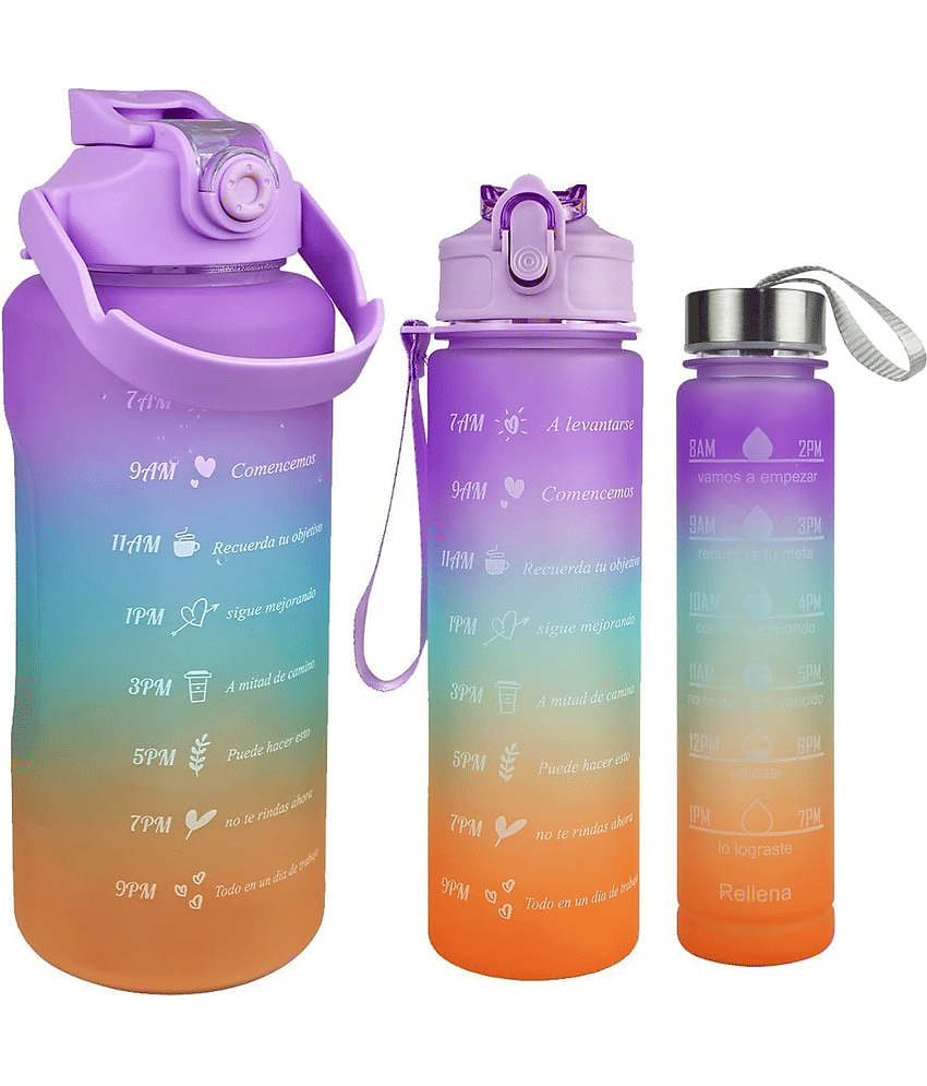 Plastic Water Bottle 3 Pcs Set With Motivational Time Marker With Straw, Leakproof Bpa Free Non-Toxic Water Bottle 2000 Ml For Office, Sports, Gym - Multicolor view 2