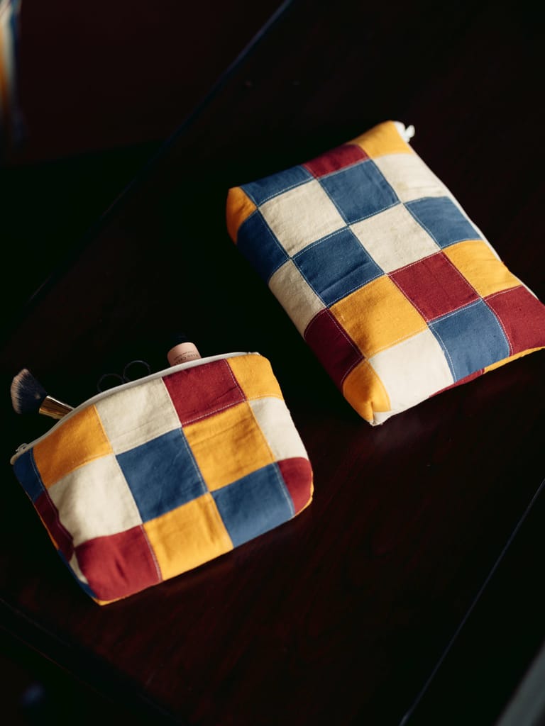 Handcrafted Cotton Patchwork Quilted Pouch - Blue Yellow Burgundy