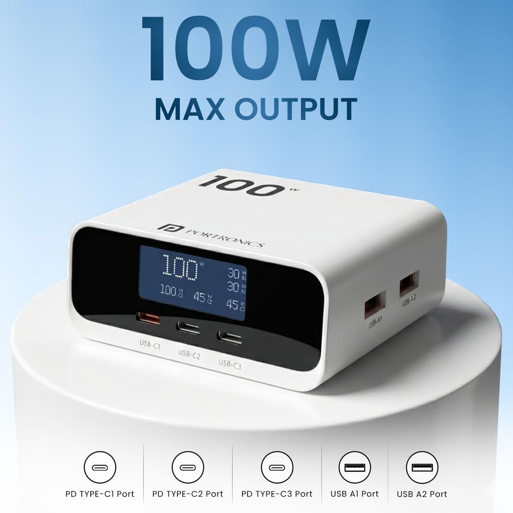 Portronics 100W Adapto 100D Fast Charging 5 Port Adaptor with LCD Power Display view 2