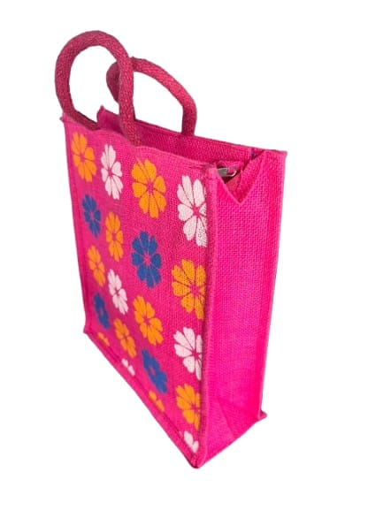 Floral Jute Tote Bag - Pink with Flowers view 2