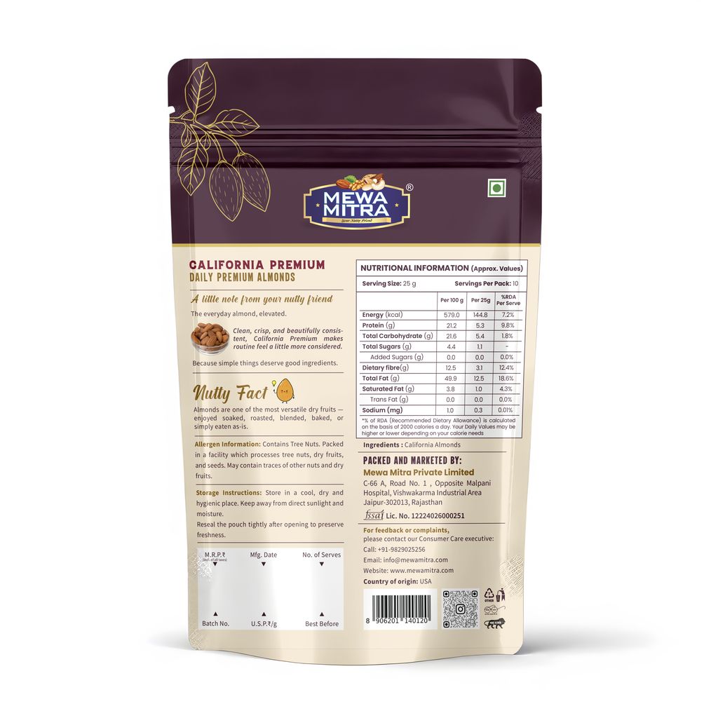 Mewa Mitra Premium California Almonds 250g | Natural Badam | High Protein Dry Fruits view 2