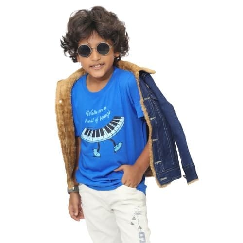 KUCHU Unisex T-Shirt | Walk On A Trail of Song Print | 8–9 Years | Cotton Fabric | Breathable | Casual Wear | Graphic Tee | Everyday Wear Blue view 2