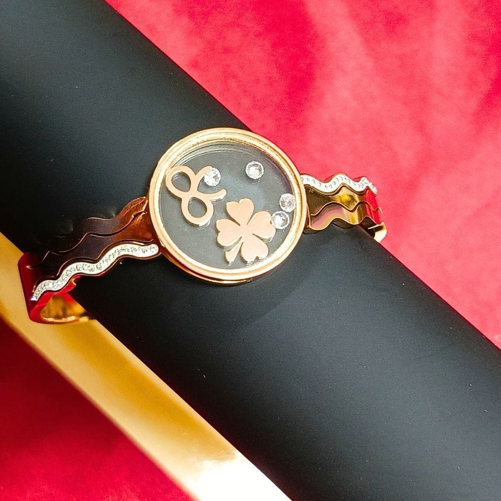 Jewelryklub Anti Tarnish Rose Gold American Diamonds Bracelet Bangle Kada With Transparent Glass With Small American Diamonds For Girls & Women view 2