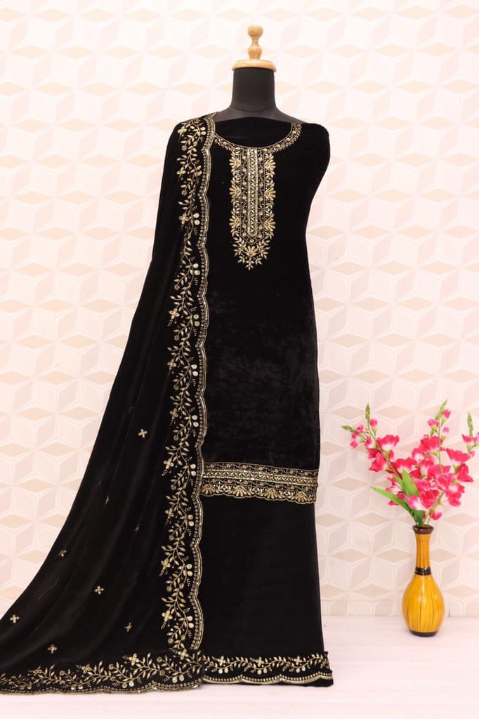 Lorenvelley Fashion Black Velvet Salwar Suit Material Embroidered view 2