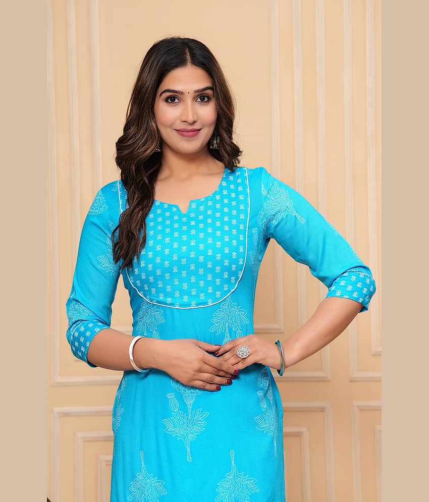 GlowWorld Rayon Printed Straight Women's Kurti - Light Blue ( Pack of 1 ) view 2