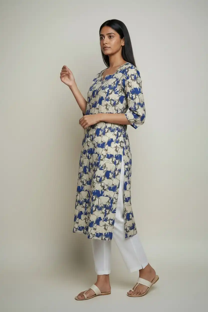 Block Print Cotton Kurti Cream Blue Floral view 2
