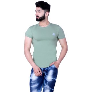 Urban Streak Mens Green Solid Cotton Lycra Round Neck T-Shirt