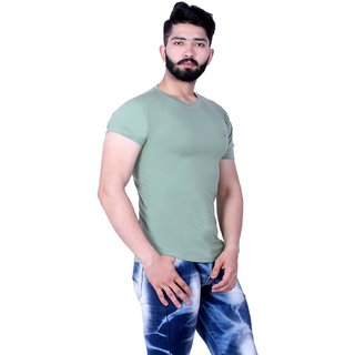 Urban Streak Mens Green Solid Cotton Lycra Round Neck T-Shirt view 2