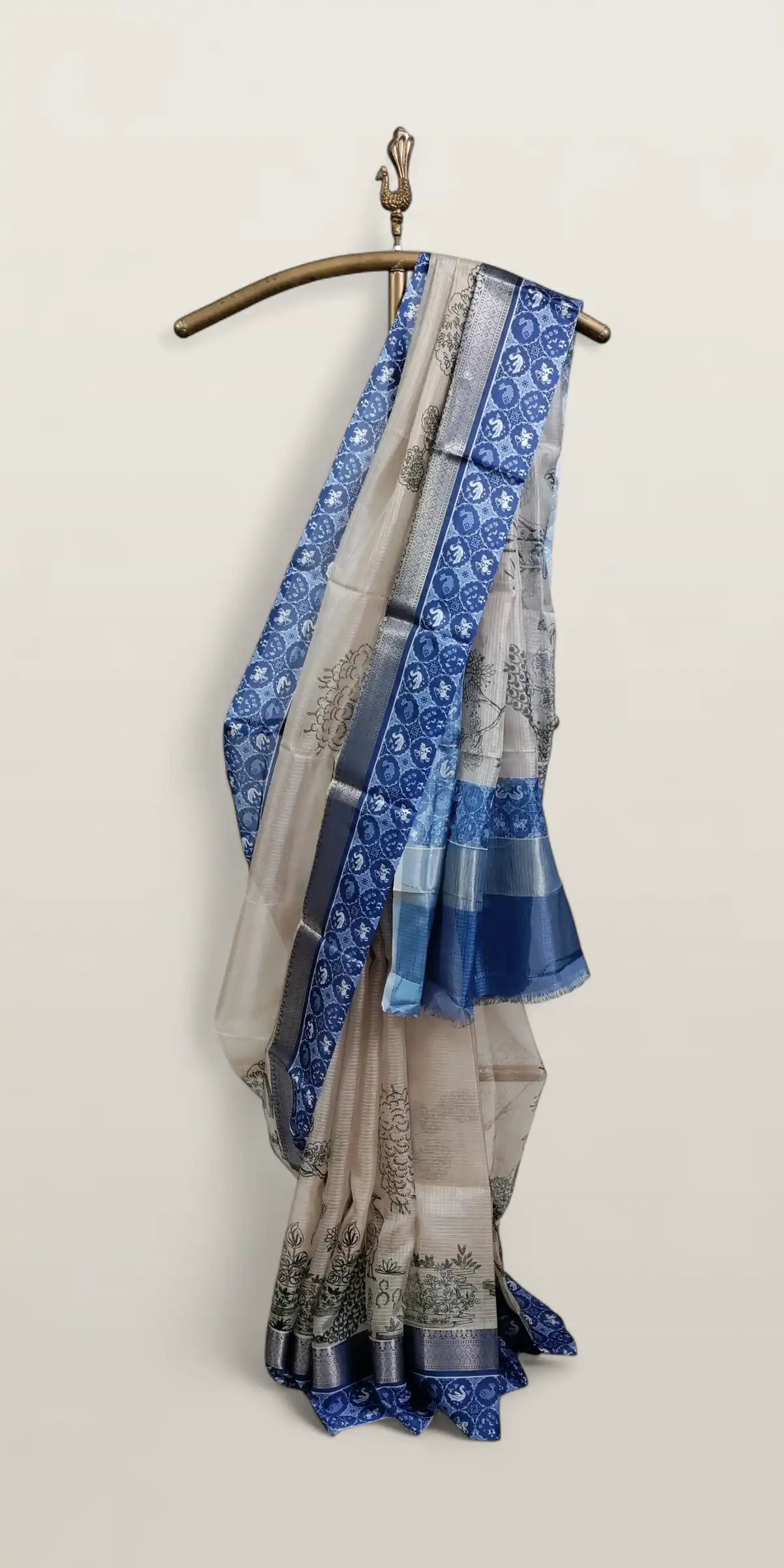 Kota Doria Cotton-Silk Saree with Peacock Block Print and Zari Border view 2