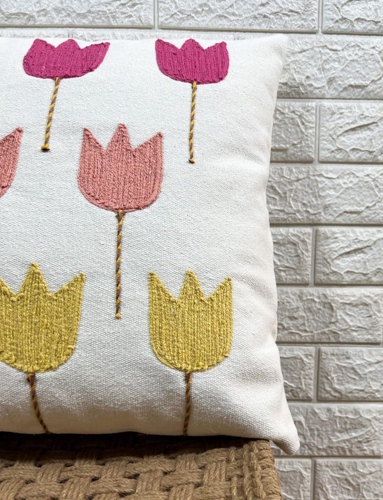 Indihomecraft Handicraft Cotton Cushion Cover - Hand Stitched Embroidery Decorative Art Boho Pillow Abstract Tulip Leaf Shape Pillow Cover | Square Shape 18X18 Inches Cushion Cover, Set of 2 view 2