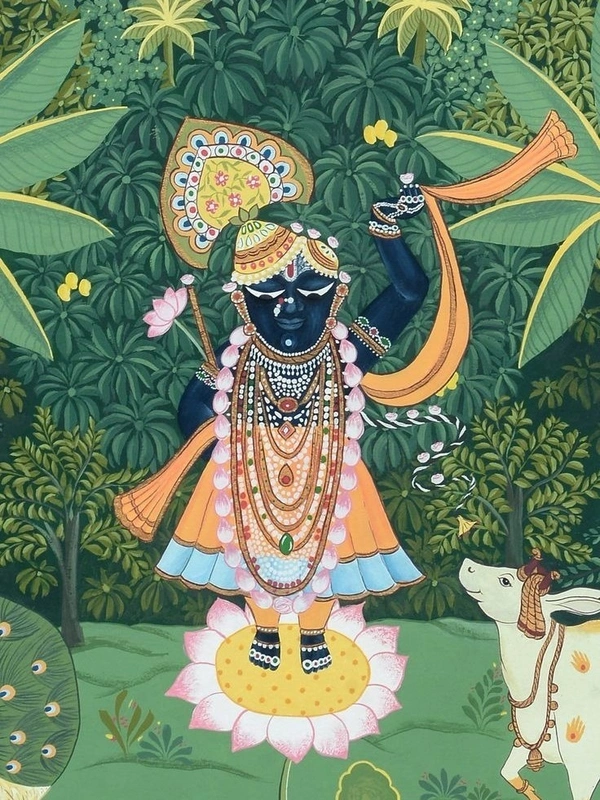 Pichwai Shrinathji Peacock Cow 24X 36 view 2