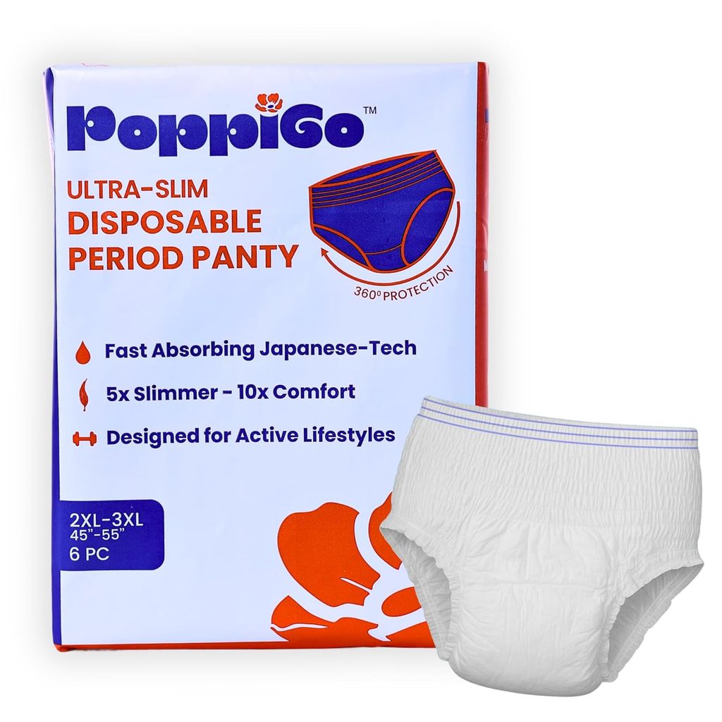 PoppiGo Ultra-Slim Disposable Period Panty for Girls | 2XL–3XL | 6pc | Heavy Flow Protection & Rash-Free| 360-Degree Coverage | 0% Leaks | Japanese Gel Core | Made-for-You Fit