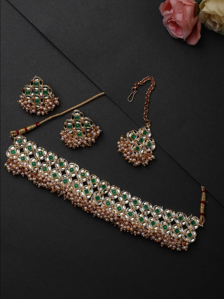 Cardinal Kundan Gold Plated Brass Green Color Stone Choker Necklace Set view 2