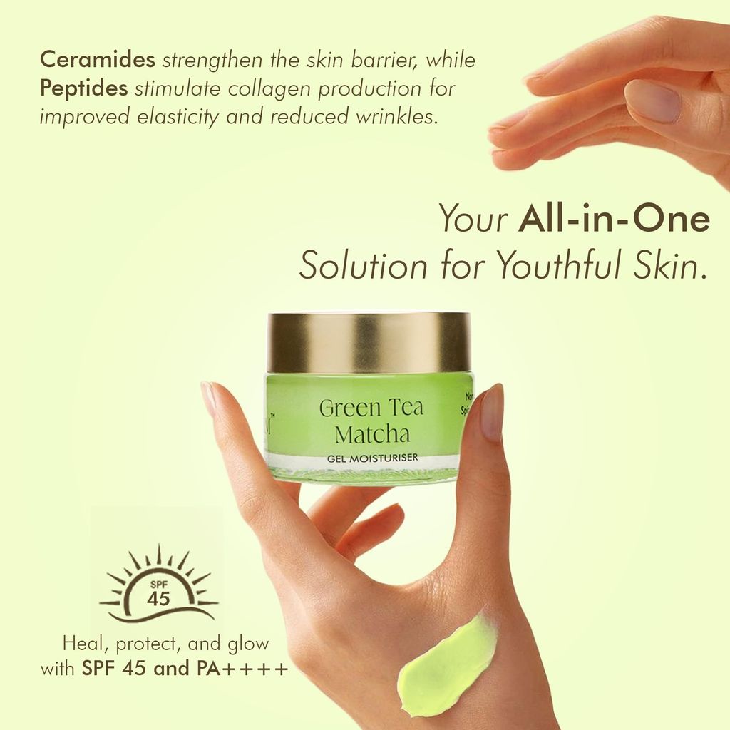 VEDICDERM Green Tea Matcha Gel Moisturizer SPF 45 PA++++ | Oil-Free Hydration For Oily & Combination Skin | Green Tea, Spirulina, Ceramides, Peptides & Nano Silver | Lightweight, Non-Comedogenic | 50g view 2