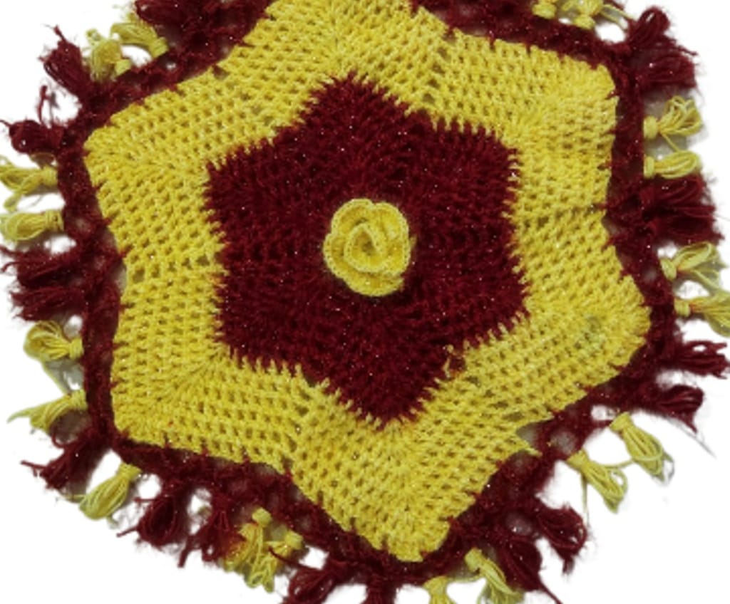 Handmade Crochet Starburst Doily - Maroon & Yellow Floral Design view 2