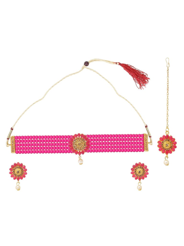 Cardinal Magenta Color Onyx Multistring Gold Plated Brass Choker Necklace Set & Maang Tika view 2