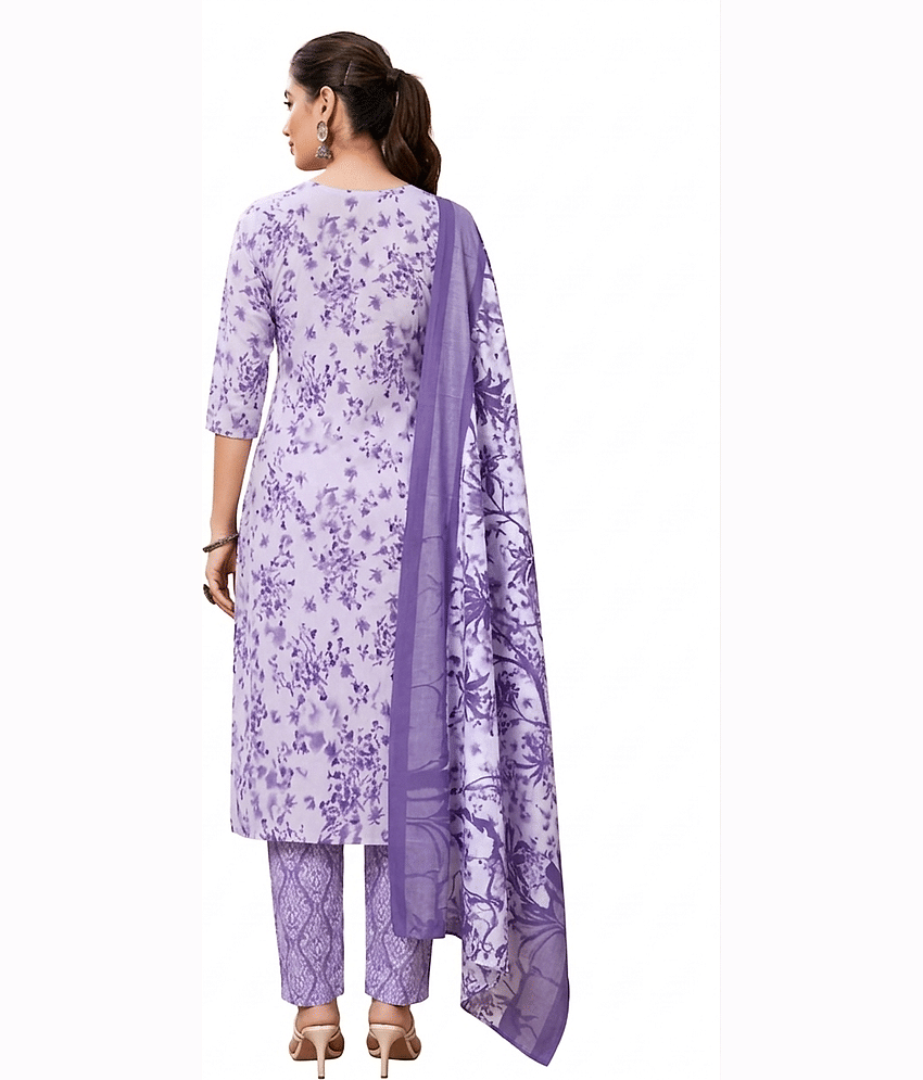 shree jeenmata collection Women Cotton Printed Straight Kurti With Pants ( Purple ) view 2