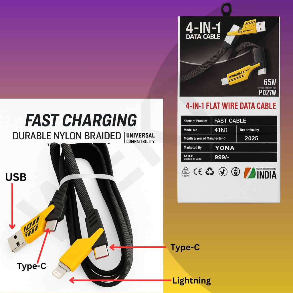 WEKTU 4-in-1 USB, Type-C, Lightning Multi Fast Charging Data Cable - 1.2M view 2