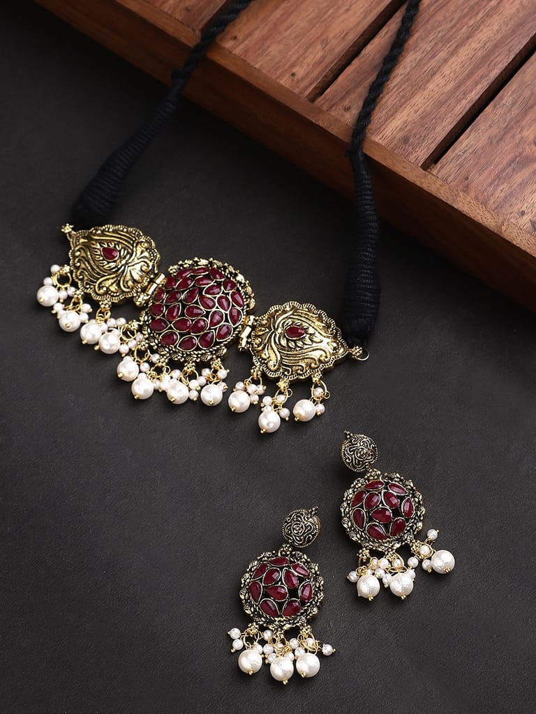 Cardinal Oxidized Gold Color Maroon Stone Choker Moti Necklace Set view 2