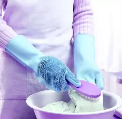 Elecsera Magic Washing Gloves/Silicone Dishwashing Cleaning Gloves for kitchen washing with Scrubber for Washing Dish,Kitchen utensil- Assorted color (1 pair) view 2
