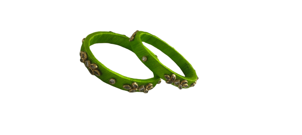 Traditional Green Thread Bangles with Gold Embellishments (Pair) view 2