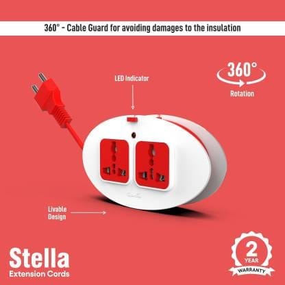 Fybros Stella 2 Pin 2 Socket Extension Cord Safety Shutter,Indicator & Heavy Duty Cable 2 Socket Extension Boards (White, Red, 2.5 m) view 2