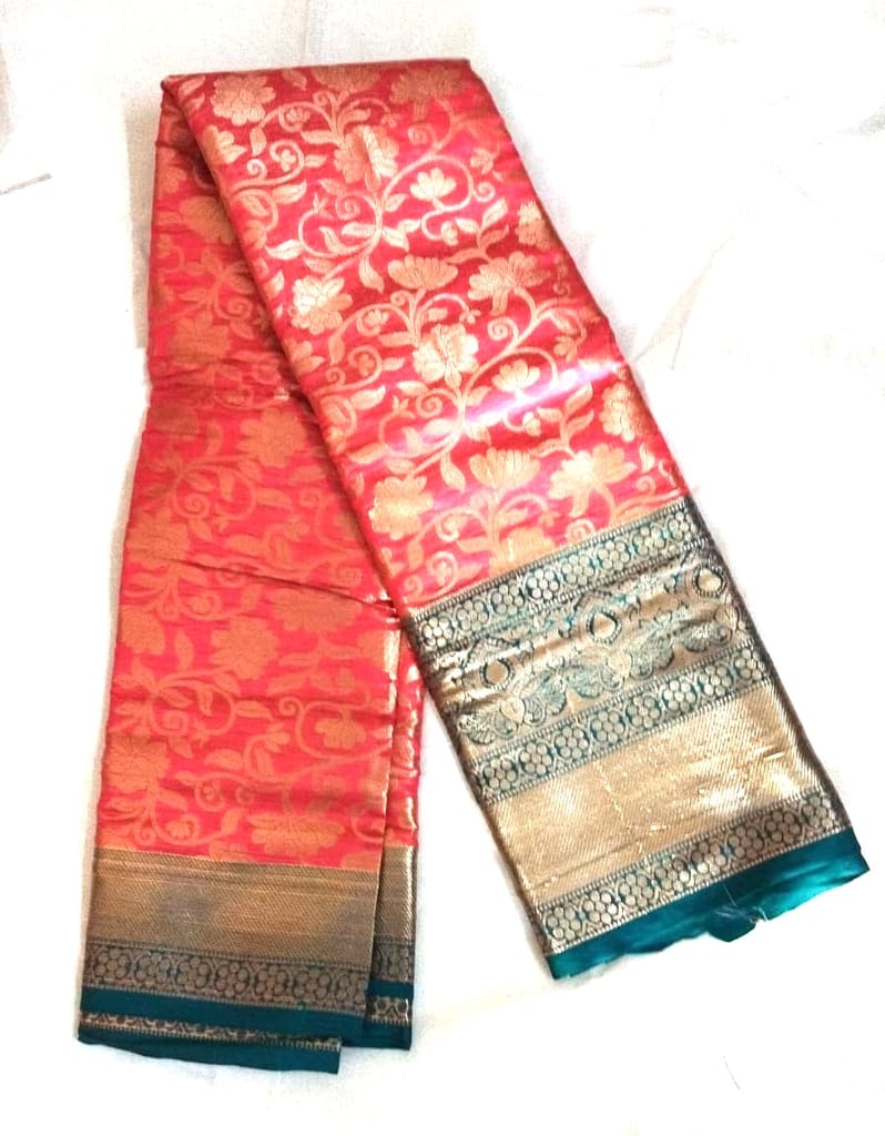 Red and gold zari woven Kanjivaram silk saree with blouse piece view 2