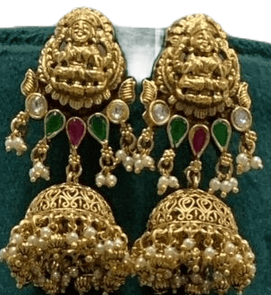 Exquisite antique gold plated traditional Indian temple haram necklace set with matching jhumka earrings view 2