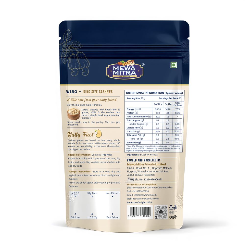 Mewa Mitra Prime Cashews W180 250g | Premium Jumbo Whole Kaju | Natural High Protein Dry Fruits view 2