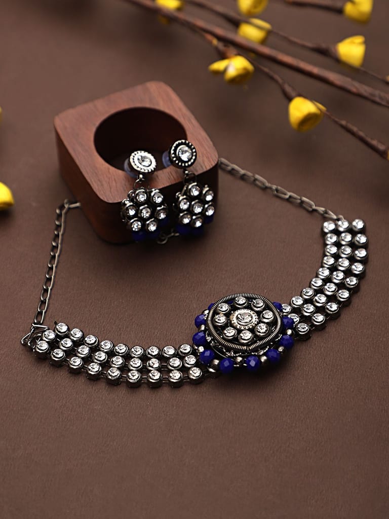 Cardinal Oxidized Silver Color Blue Stone Choker Necklace Set view 2