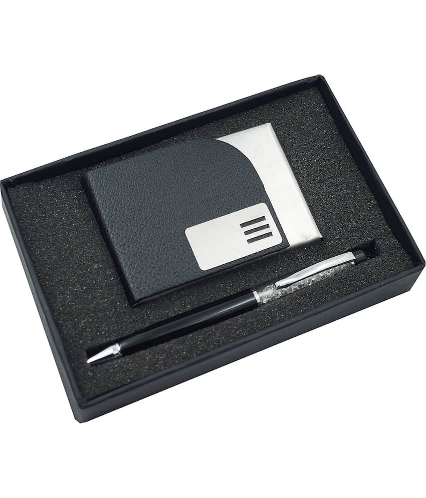 auteur 2in1 Corporate Gift Set Crystal Diamond Black (Blue Ink) Ball Pen With Premium RFID safe Black Pu Leather Card Wallet Magnetic Clouser Ideal for Every Gifting Occasion| Gift For Men|Women|Boss|Friends|Birthday|Anniversary(VCH52) view 2