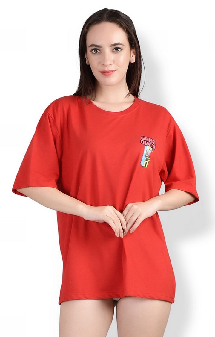 Game Over : Quirky Printed Oversized Women's Tees In Red Color