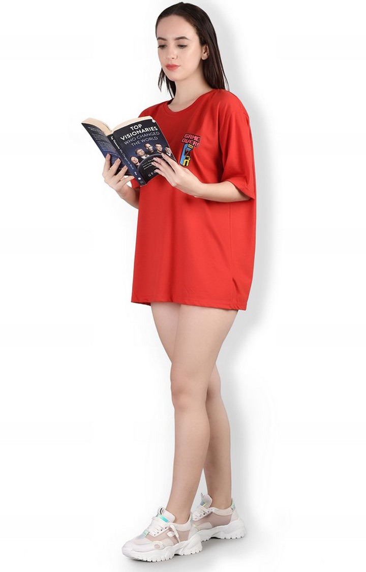 Game Over : Quirky Printed Oversized Women's Tees In Red Color view 2