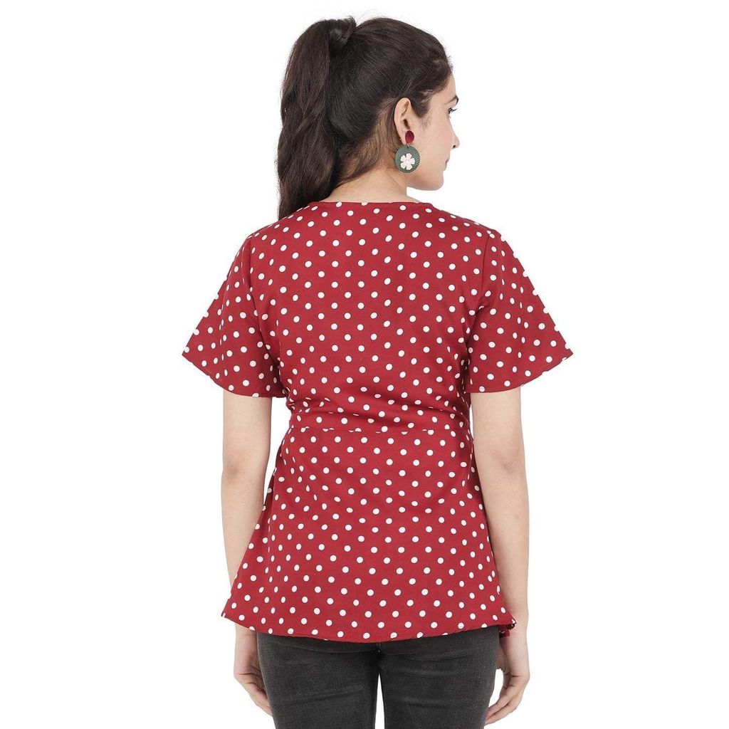KULFI Women's Maroon Color Polka Dots Printed Polyester Top view 2