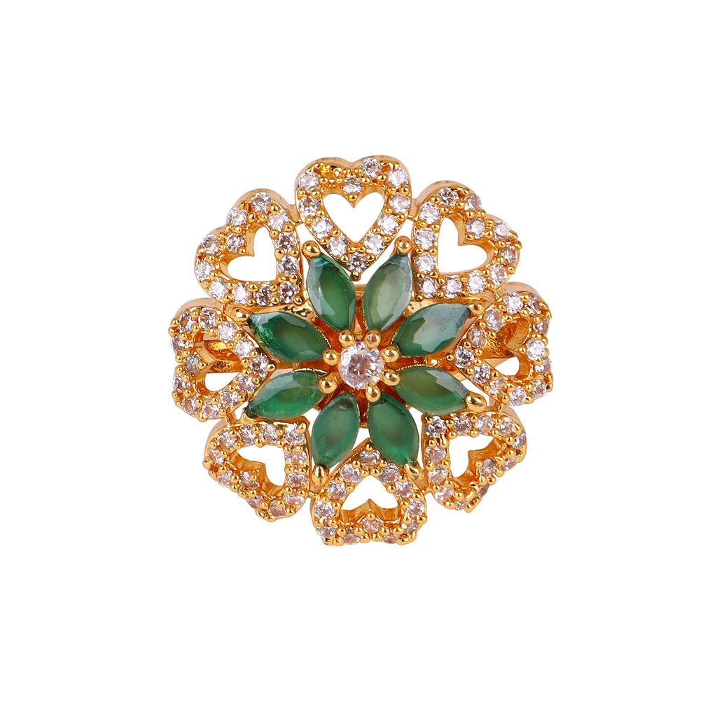 Cardinal American Diamond Gold Plated Green Color Ring & Earrings view 2