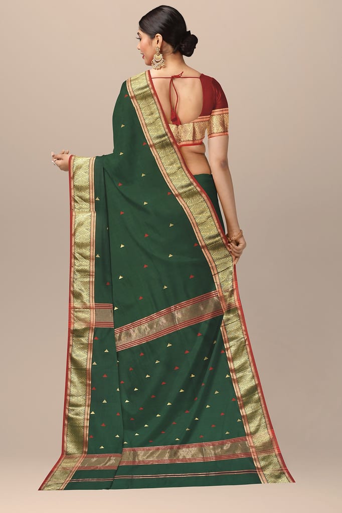 Dark Green Triangle Buti Handwoven Sausar Silk with Zari Border Saree Saree SKU-BS10098 view 2