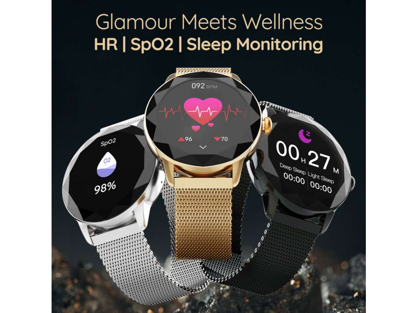 Pebble Vienna Smart Watch, 1.27" HD Display, BT Calling, Diamond Cut Design, Female Health Monitoring, Heart Rate Monitoring, Sleep Monitoring - Classic Black view 2