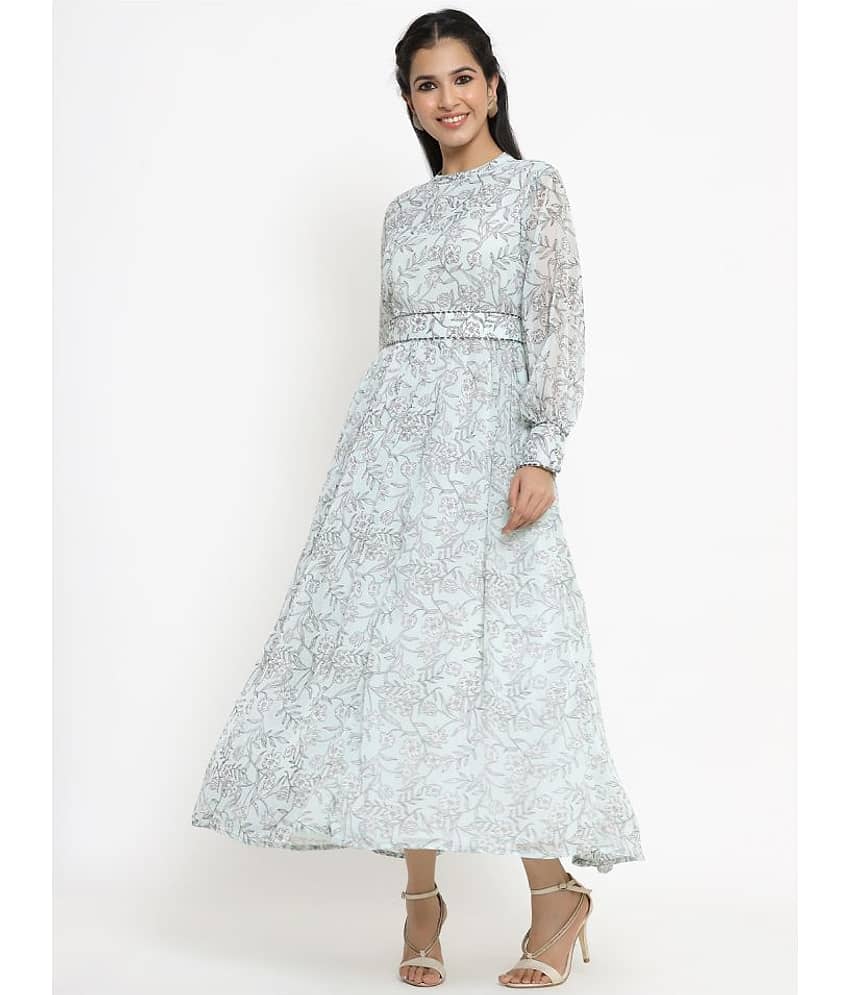 Juniper Women Chiffon Printed Ethnic Dress ( Light Blue ) view 2