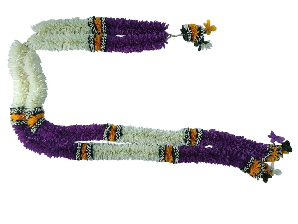 Artificial Marigold Fluffy Flowers Garland | White and Purple Fluffy Flowers Garland | Indian Wedding Garland | Fluffy Garland for Decoration view 2