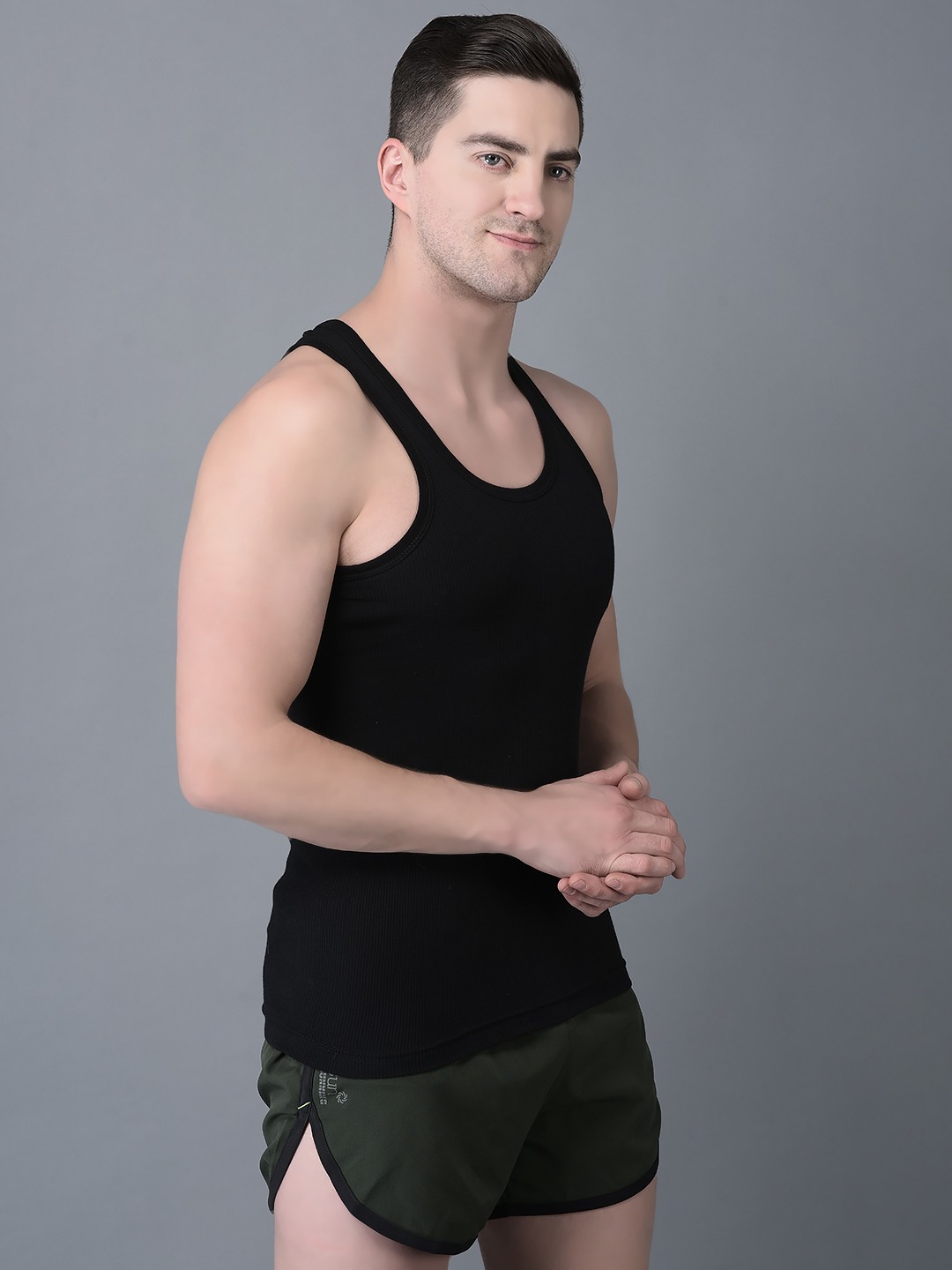 Men's Black Pack of 7 Solid Combed Cotton Vest view 2
